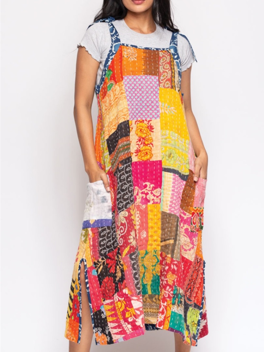 Reversible KANTHA cotton Vibrant Patchwork Sundress- Multicolor - Picture 2 of 10